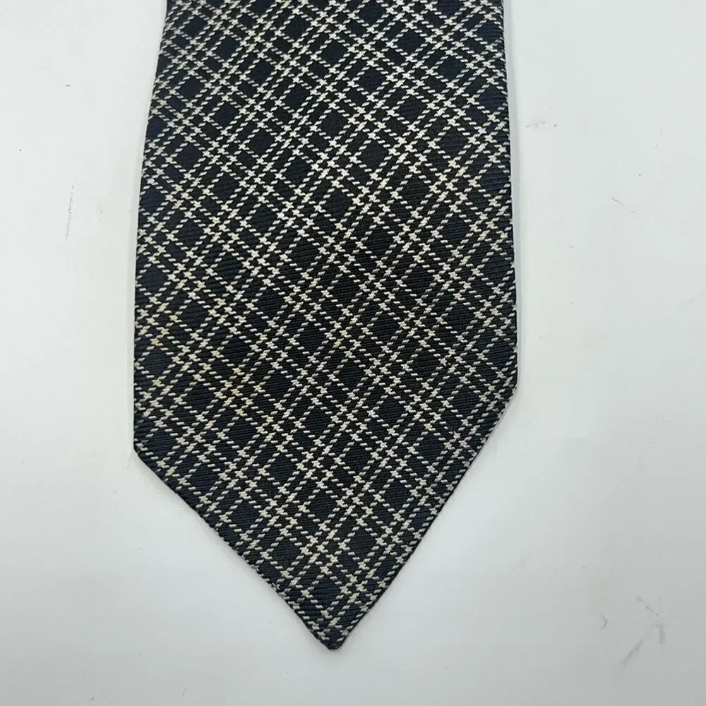 POLO RALPH LAUREN Handmade Midnight Blue and Offwhite Plaid Pattern Silk Tie